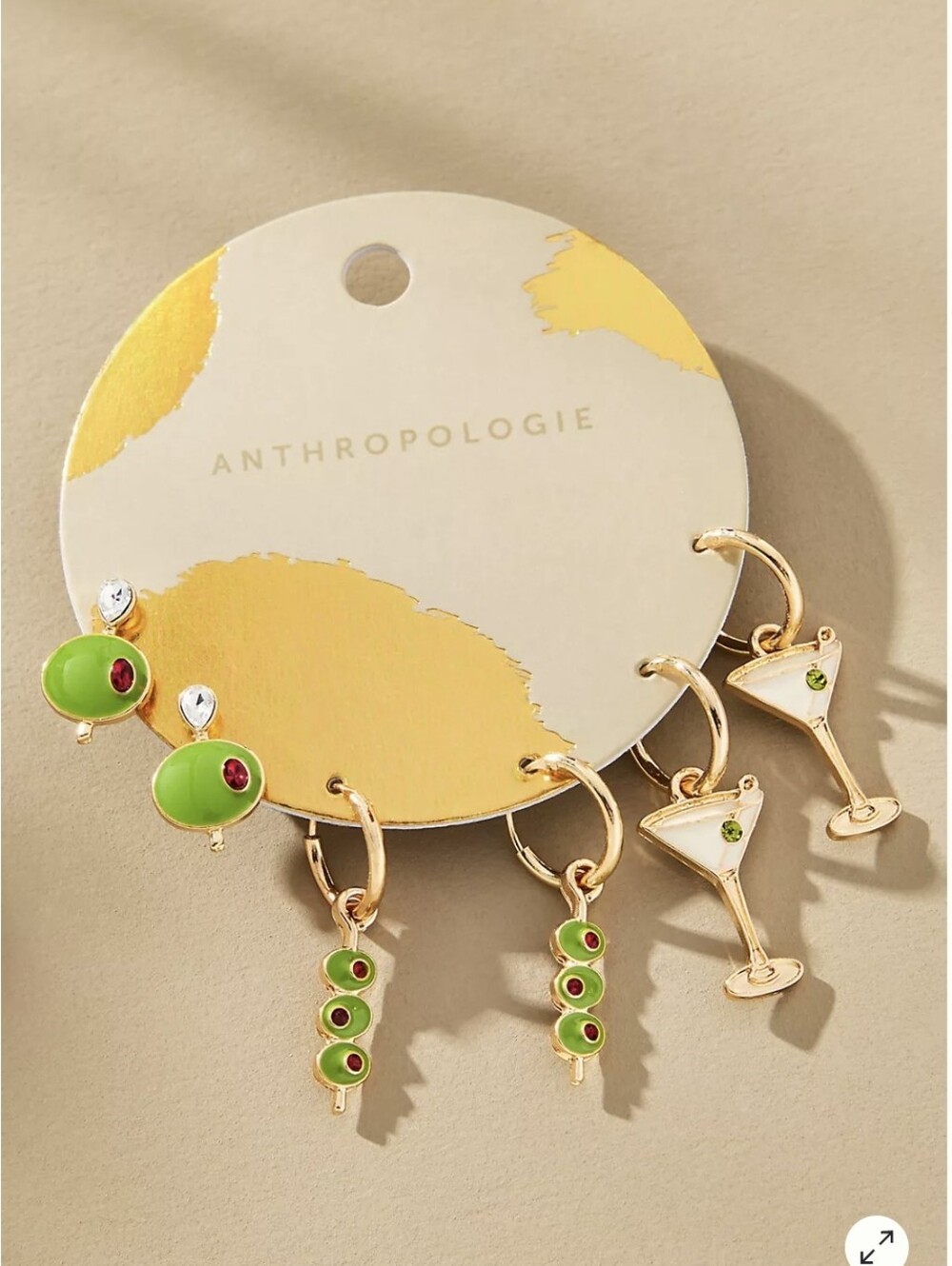 Anthropologie Gold Tone Hoop Earring Set W Green Olive & Martini Charms, New!